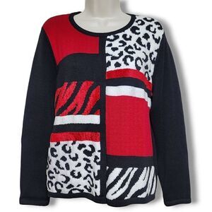 Alfred Dunner Leopard Zebra Animal Print Black & Red Scoop Neck Holiday Sweater